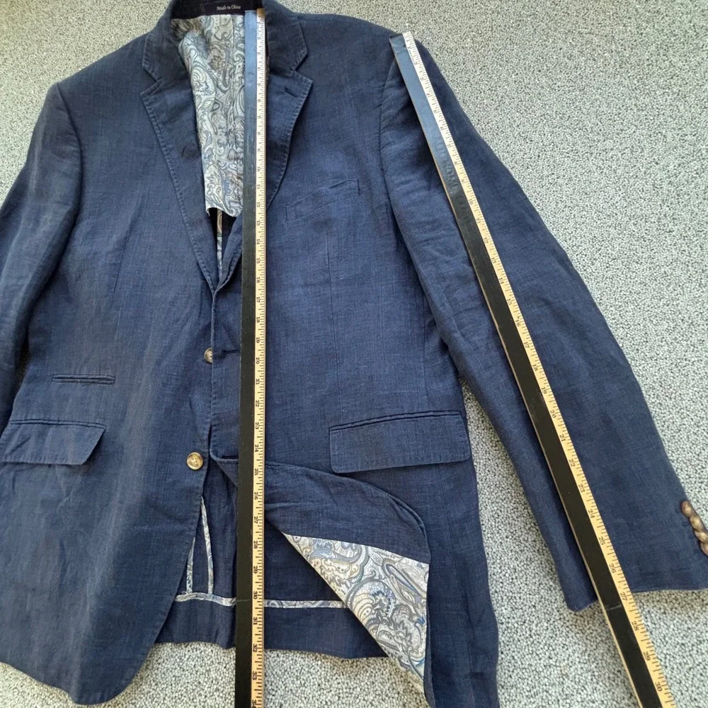 Alan Flusser Linen Blazer Mens 46 L Blue Paisley Lining Coastal Beach Wedding